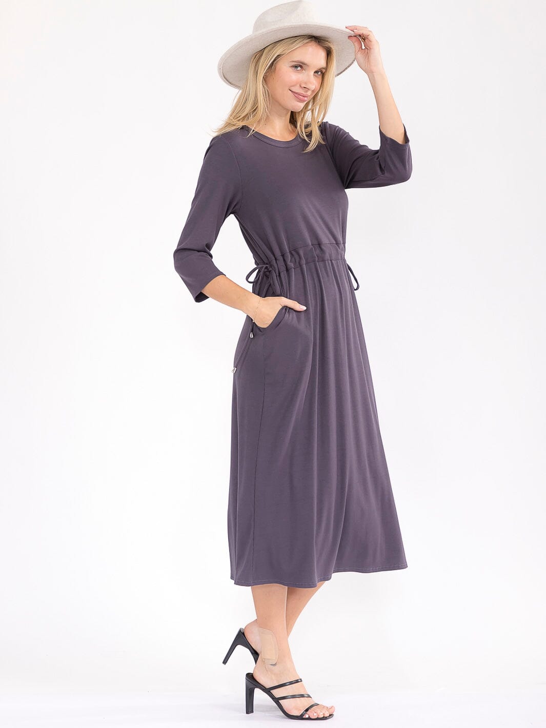 WOMEN'S 3/4 SLEEVE FRONT POCKETS ADJUSTABLE WAIST RIBBED MAXI DRESS
