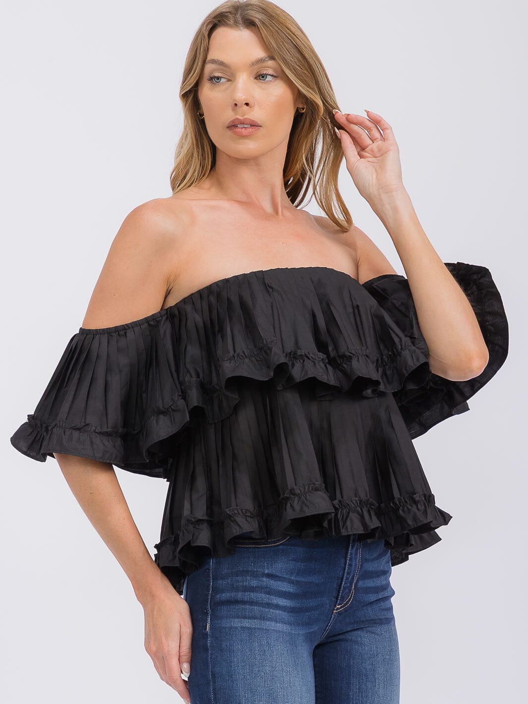 WOMEN'S OFF SHOULDER RUFFLE TIERED BLOUSE
