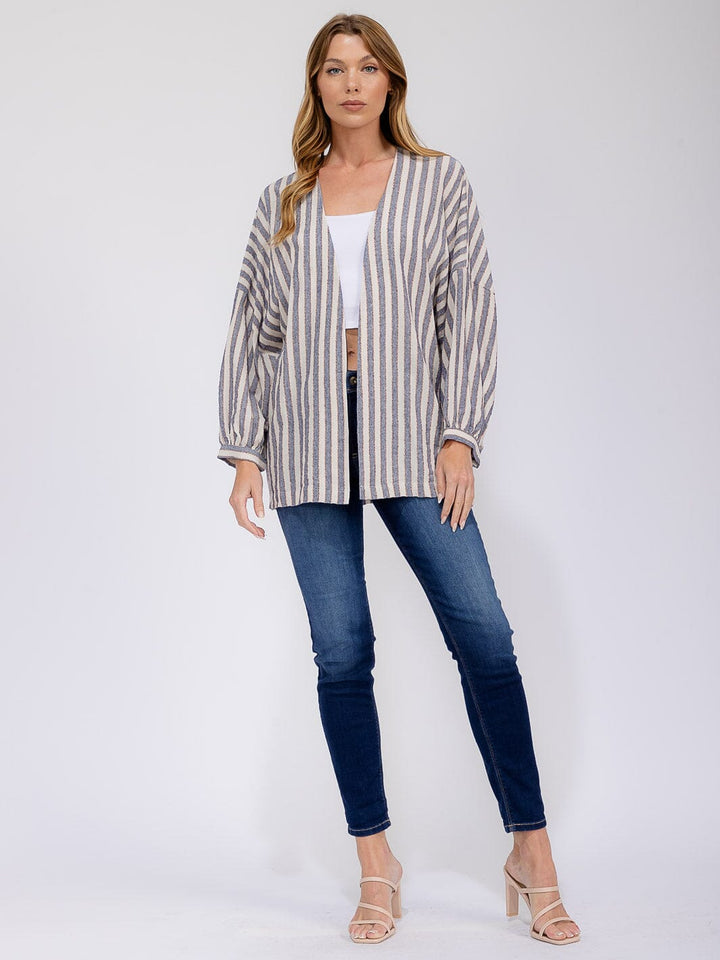 WOMEN'S LONG SLEEVE OPEN FRONT COLORBLOCK STRIPES CARDIGAN