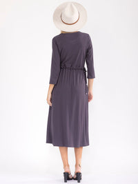 WOMEN'S 3/4 SLEEVE FRONT POCKETS ADJUSTABLE WAIST RIBBED MAXI DRESS