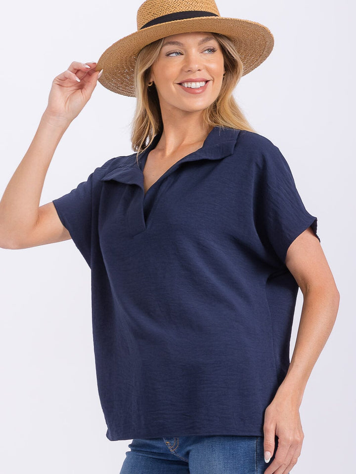 WOMEN'S SHORT SLEEVE V-NECK COLLAR BLOUSE