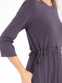 WOMEN'S 3/4 SLEEVE FRONT POCKETS ADJUSTABLE WAIST RIBBED MAXI DRESS