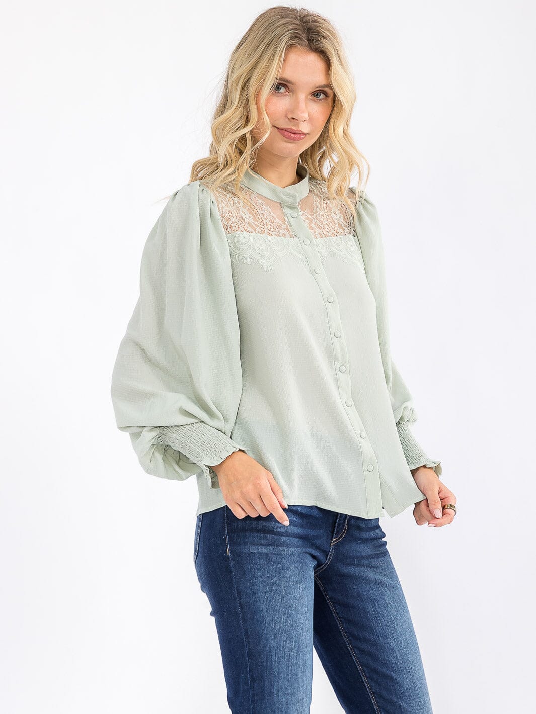 WOMEN'S LONG SLEEVE BUTTON UP LAC DETAILED BLOUSE
