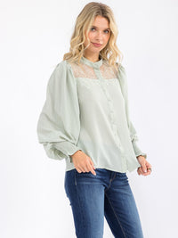 WOMEN'S LONG SLEEVE BUTTON UP LAC DETAILED BLOUSE