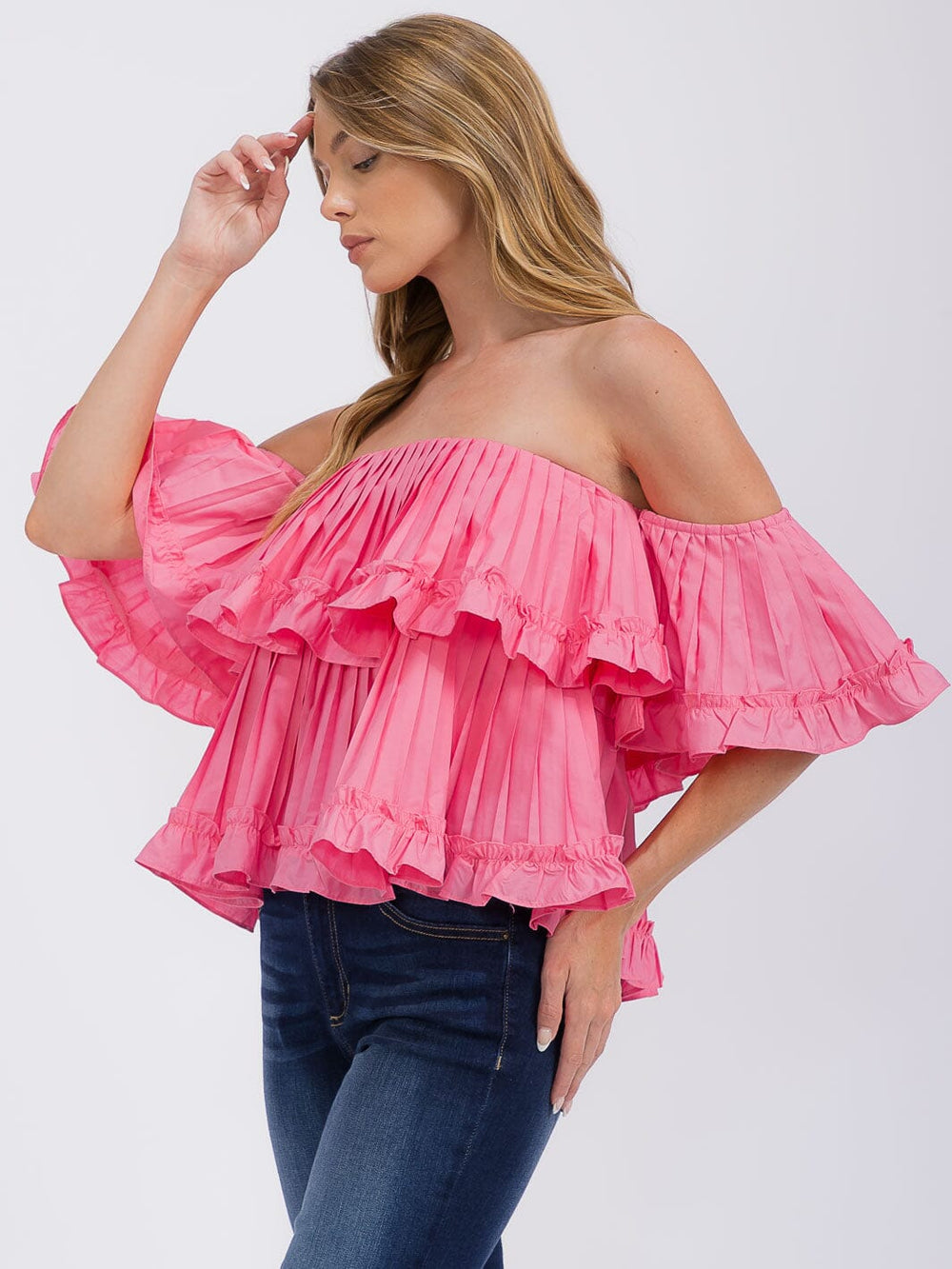 WOMEN'S OFF SHOULDER RUFFLE TIERED BLOUSE