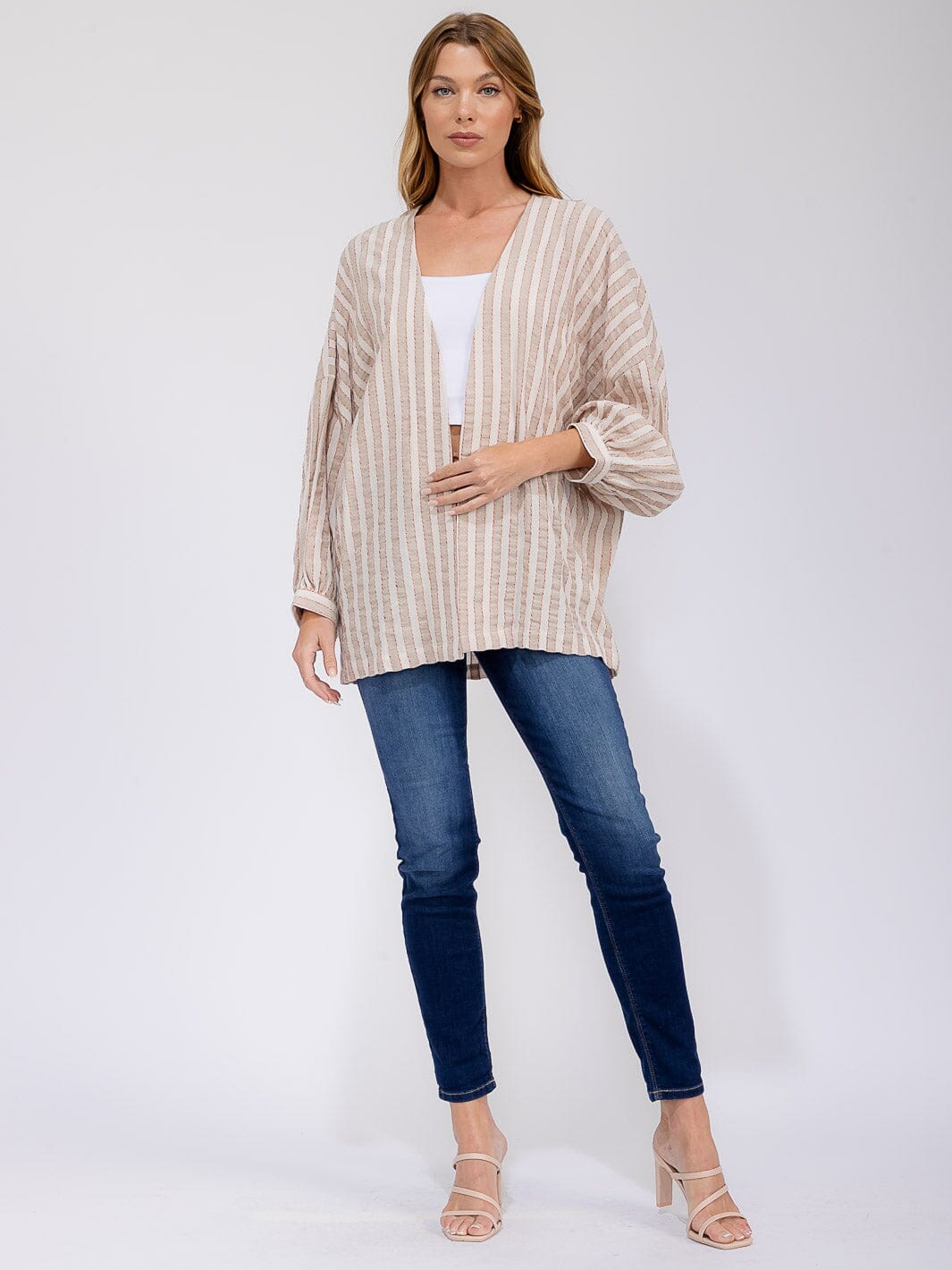 WOMEN'S LONG SLEEVE OPEN FRONT COLORBLOCK STRIPES CARDIGAN