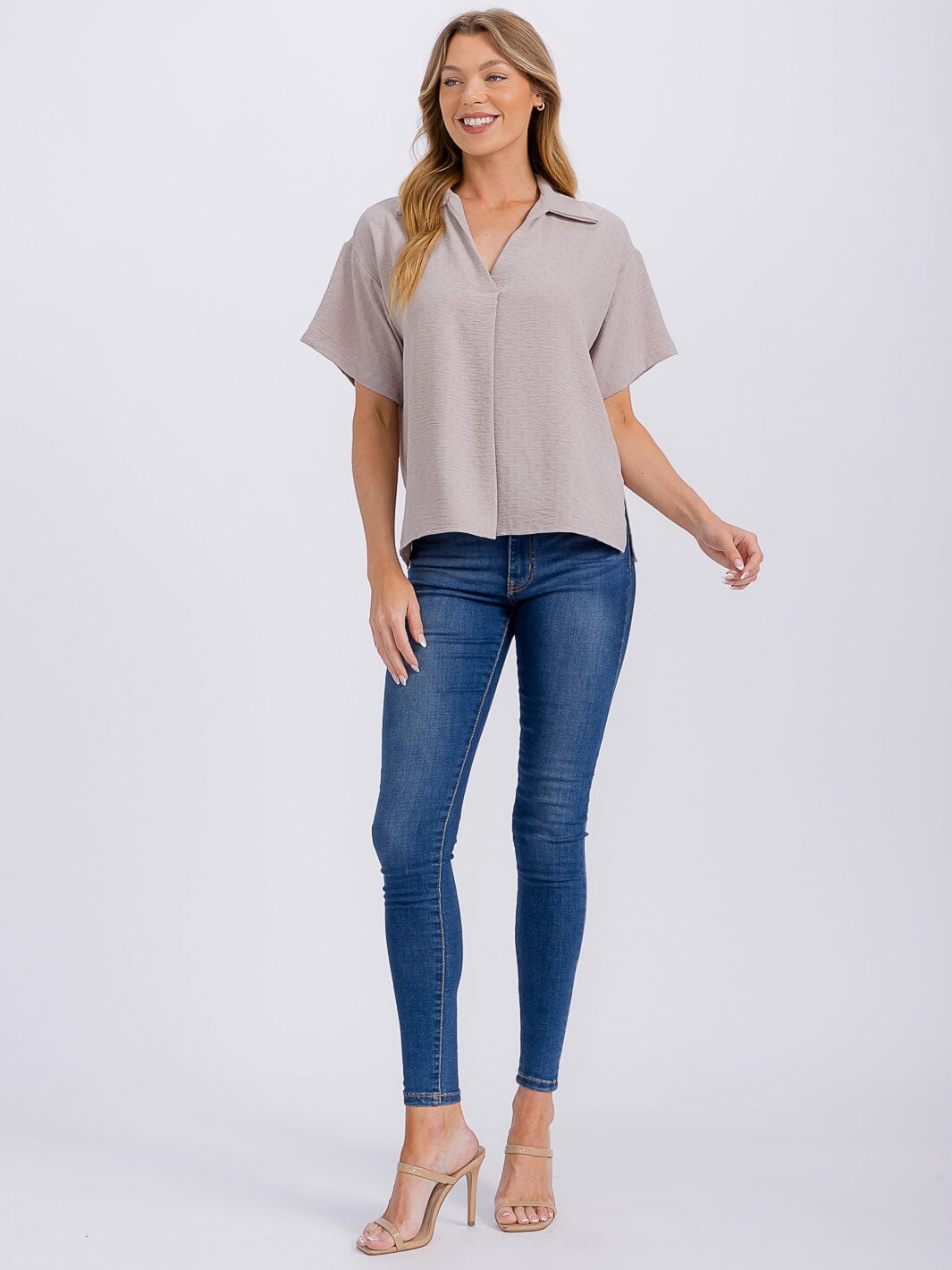 WOMEN'S SHORT SLEEVE V-NECK HIGH-LOW BLOUSE