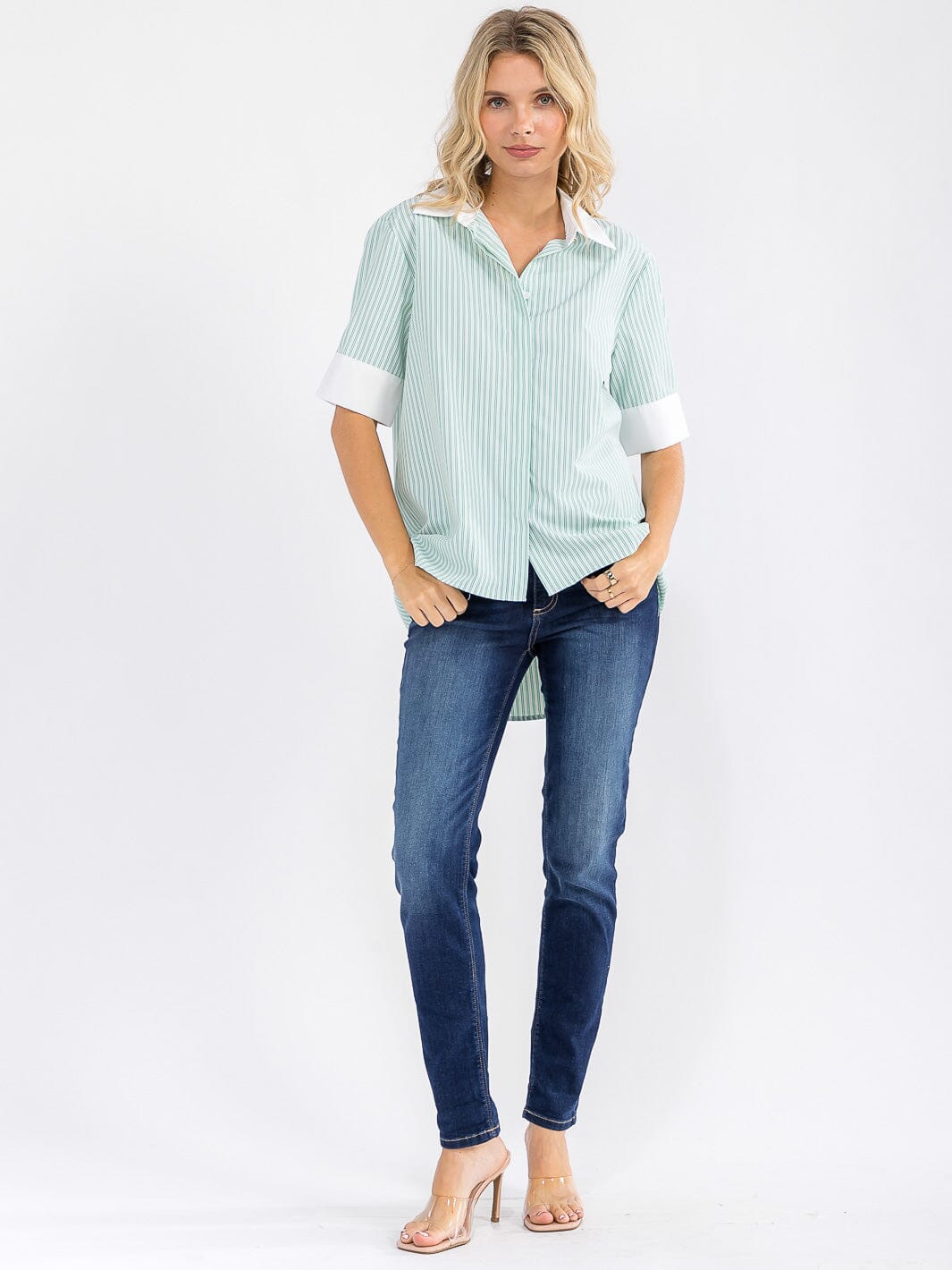 WOMEN'S SHORT SLEEVE BUTTON UP HIGH-LOW TUNIC STRIPES SHIRT