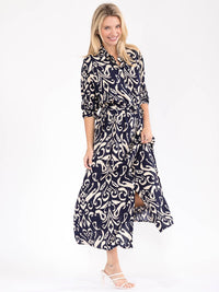 WOMEN'S LONG SLEEVE BUTTON UP SELF TIE MULTI PRINT MAXI DRESS