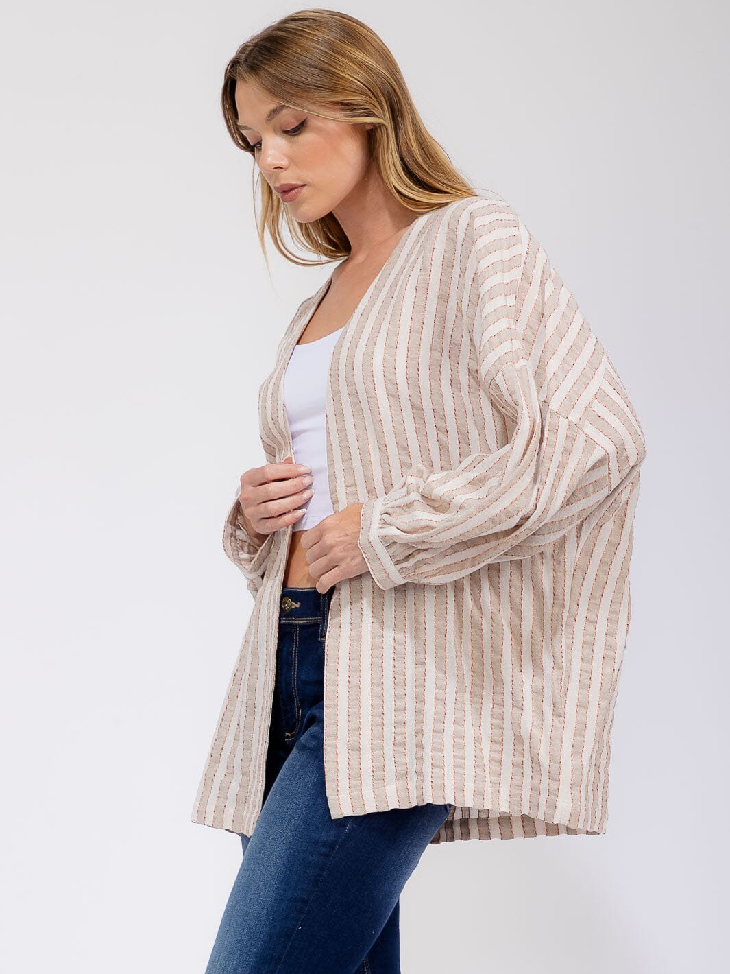 WOMEN'S LONG SLEEVE OPEN FRONT COLORBLOCK STRIPES CARDIGAN
