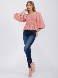 WOMEN'S 3/4 SLEEVES SQUARE NECK SMOCK PEPLUM BLOUSE