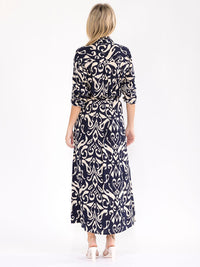 WOMEN'S LONG SLEEVE BUTTON UP SELF TIE MULTI PRINT MAXI DRESS