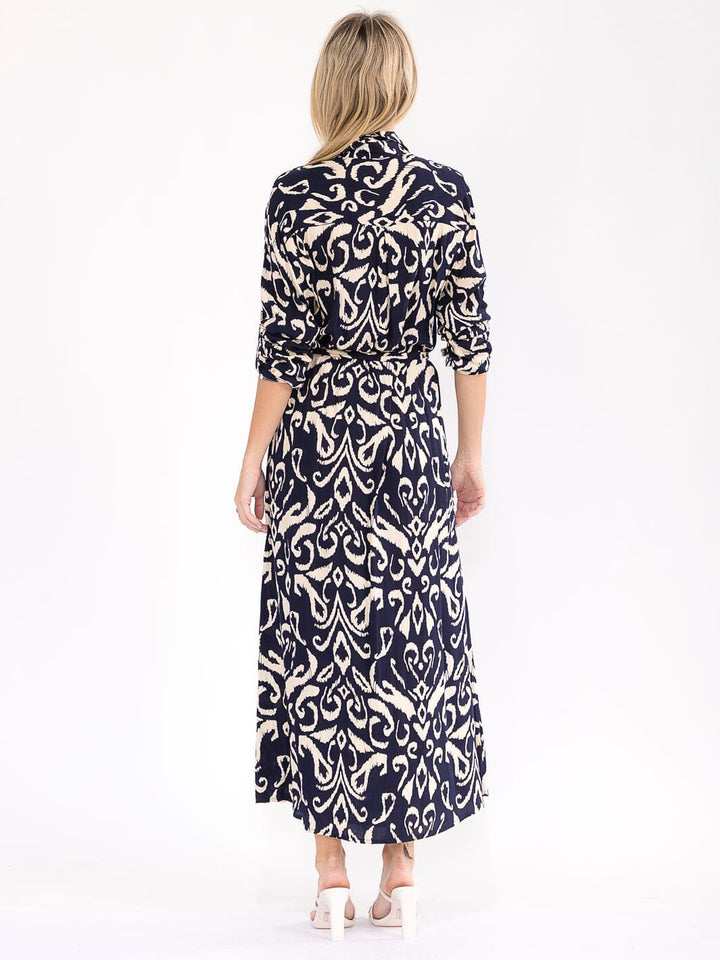 WOMEN'S LONG SLEEVE BUTTON UP SELF TIE MULTI PRINT MAXI DRESS