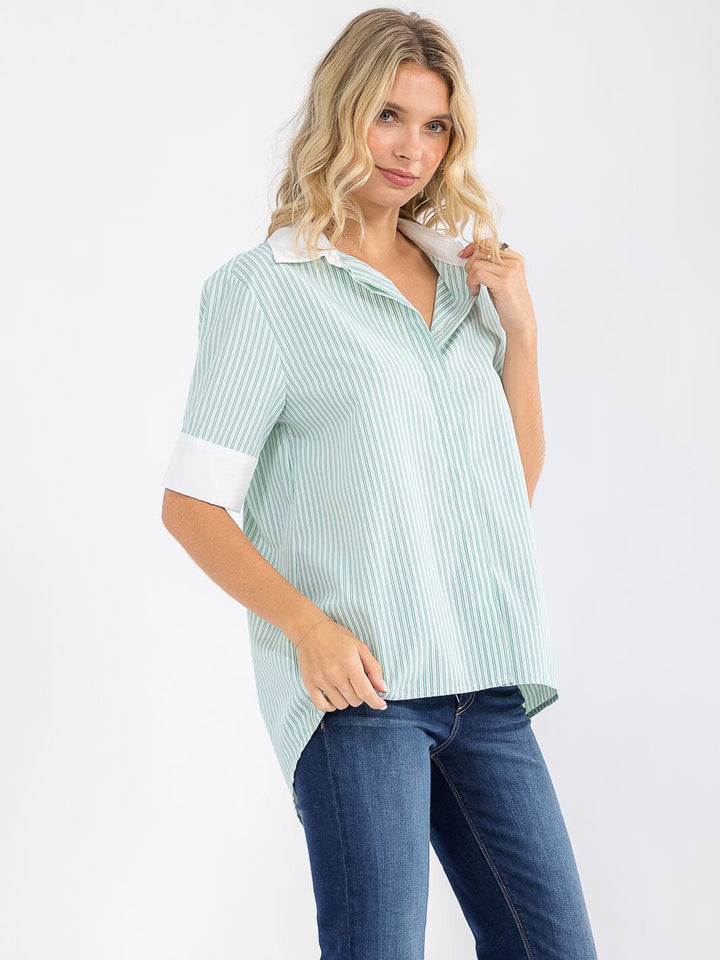 WOMEN'S SHORT SLEEVE BUTTON UP HIGH-LOW TUNIC STRIPES SHIRT