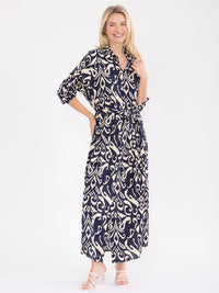 WOMEN'S LONG SLEEVE BUTTON UP SELF TIE MULTI PRINT MAXI DRESS