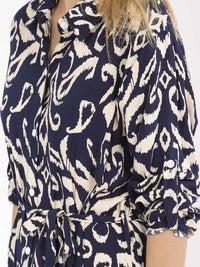 WOMEN'S LONG SLEEVE BUTTON UP SELF TIE MULTI PRINT MAXI DRESS