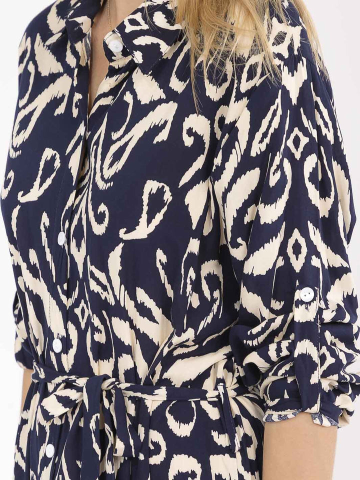 WOMEN'S LONG SLEEVE BUTTON UP SELF TIE MULTI PRINT MAXI DRESS