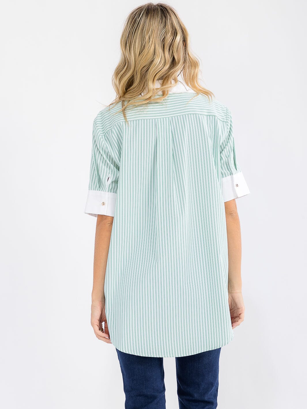 WOMEN'S SHORT SLEEVE BUTTON UP HIGH-LOW TUNIC STRIPES SHIRT