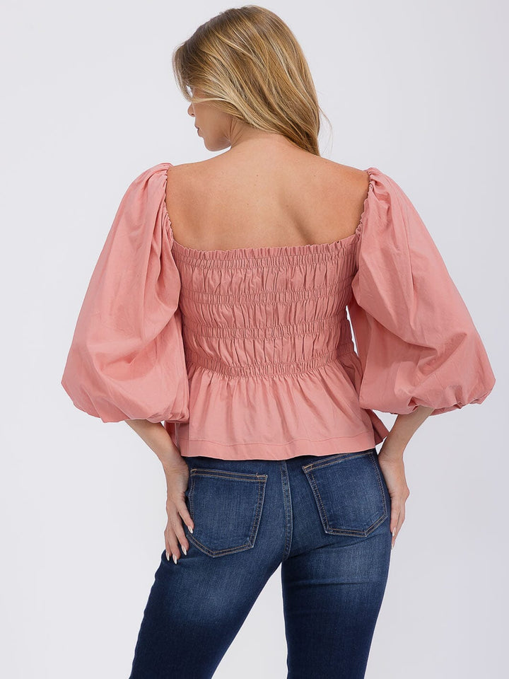 WOMEN'S 3/4 SLEEVES SQUARE NECK SMOCK PEPLUM BLOUSE