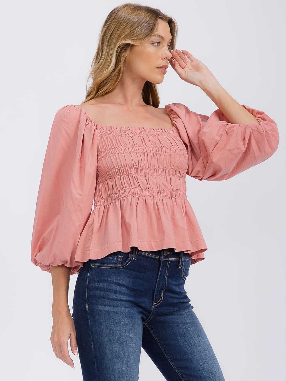 WOMEN'S 3/4 SLEEVES SQUARE NECK SMOCK PEPLUM BLOUSE