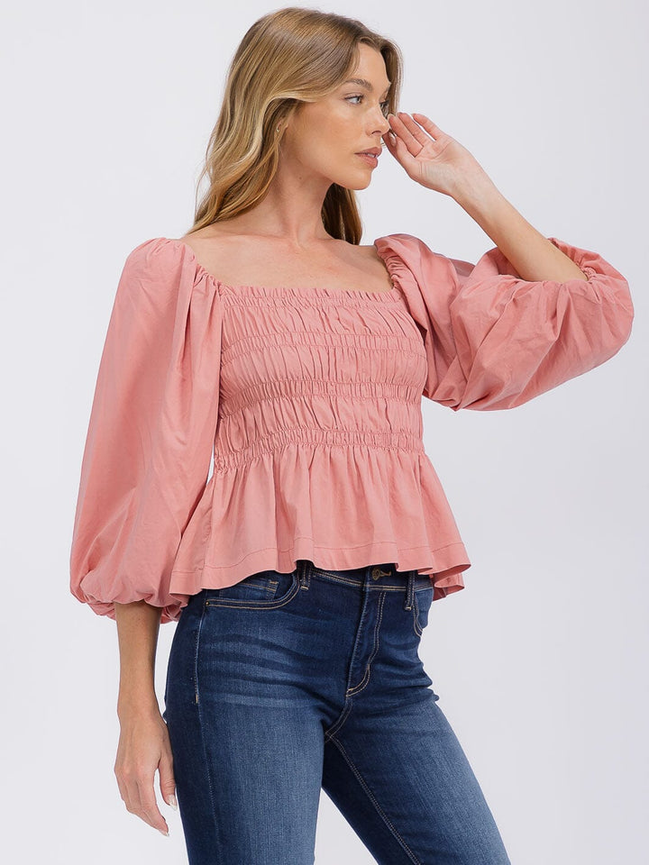 WOMEN'S 3/4 SLEEVES SQUARE NECK SMOCK PEPLUM BLOUSE