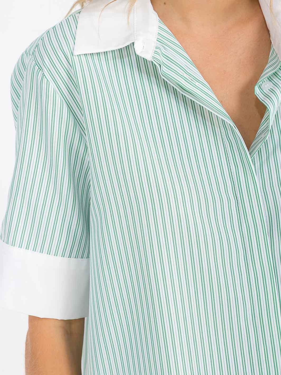 WOMEN'S SHORT SLEEVE BUTTON UP HIGH-LOW TUNIC STRIPES SHIRT