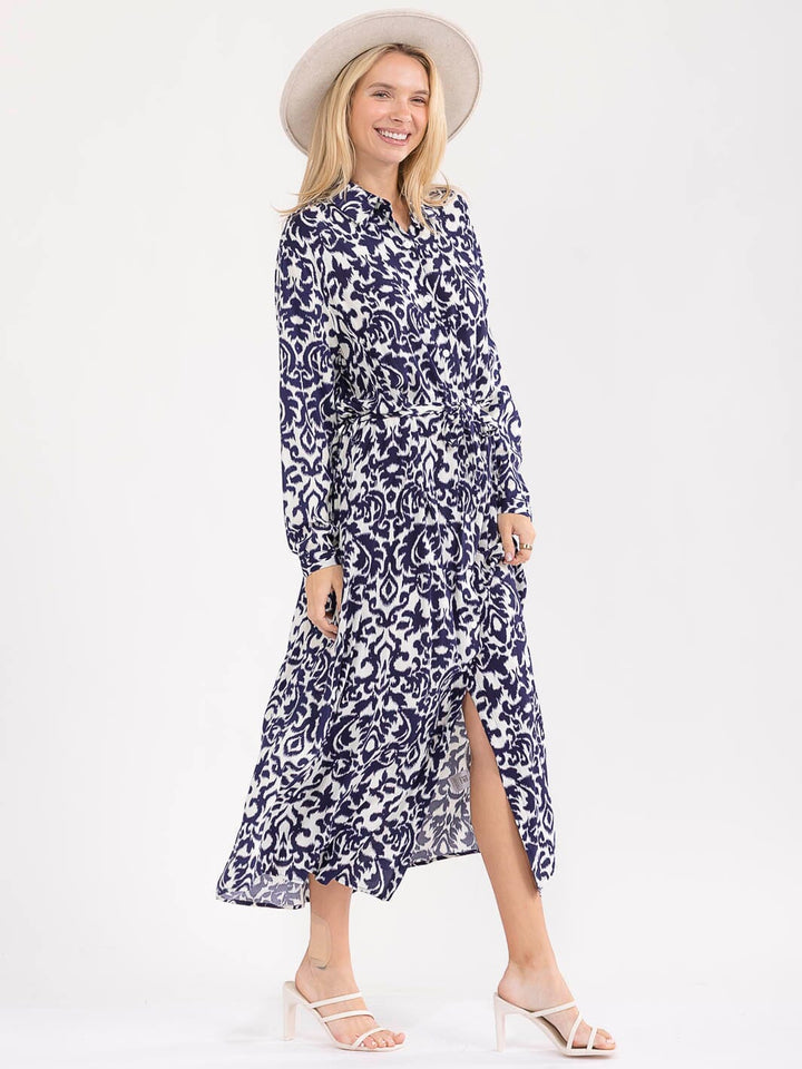 WOMEN'S LONG SLEEVE BUTTON UP SELF TIE MULTI PRINT MAXI DRESS