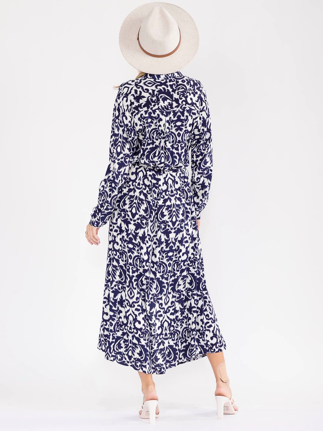 WOMEN'S LONG SLEEVE BUTTON UP SELF TIE MULTI PRINT MAXI DRESS