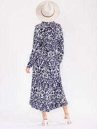 WOMEN'S LONG SLEEVE BUTTON UP SELF TIE MULTI PRINT MAXI DRESS