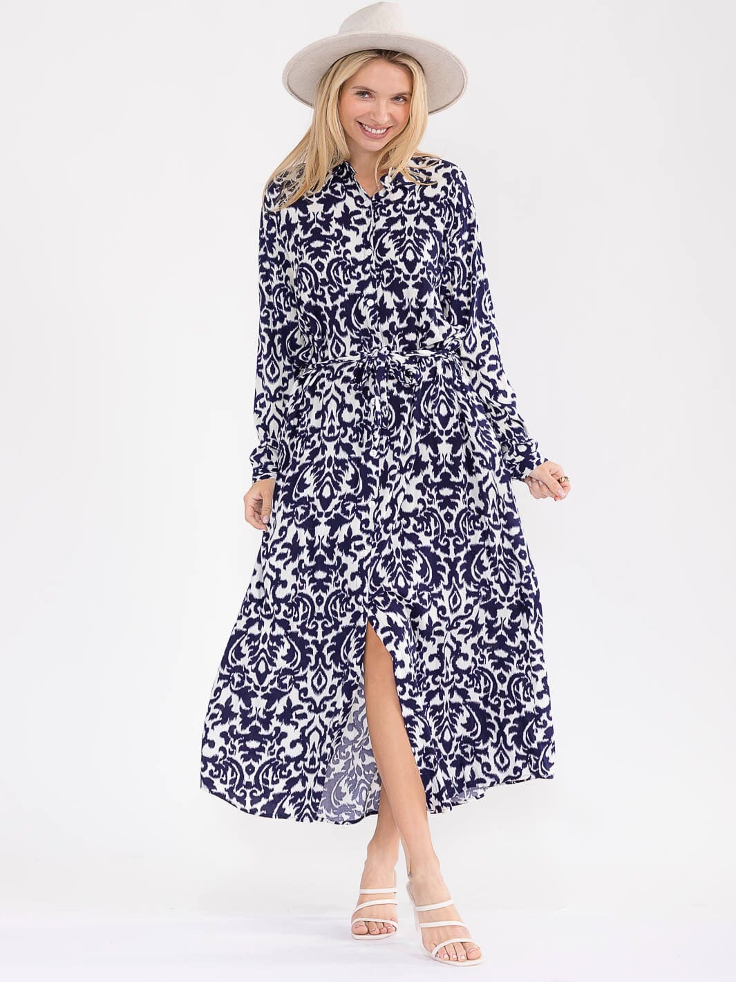 WOMEN'S LONG SLEEVE BUTTON UP SELF TIE MULTI PRINT MAXI DRESS