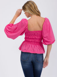 WOMEN'S 3/4 SLEEVES SQUARE NECK SMOCK PEPLUM BLOUSE