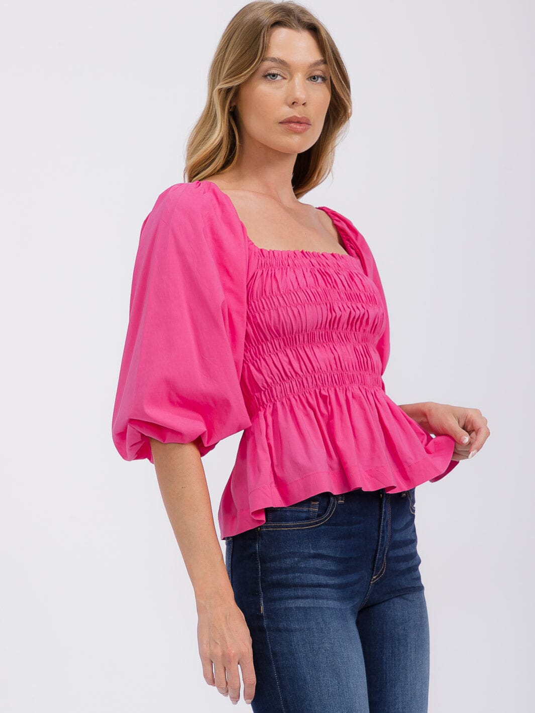 WOMEN'S 3/4 SLEEVES SQUARE NECK SMOCK PEPLUM BLOUSE