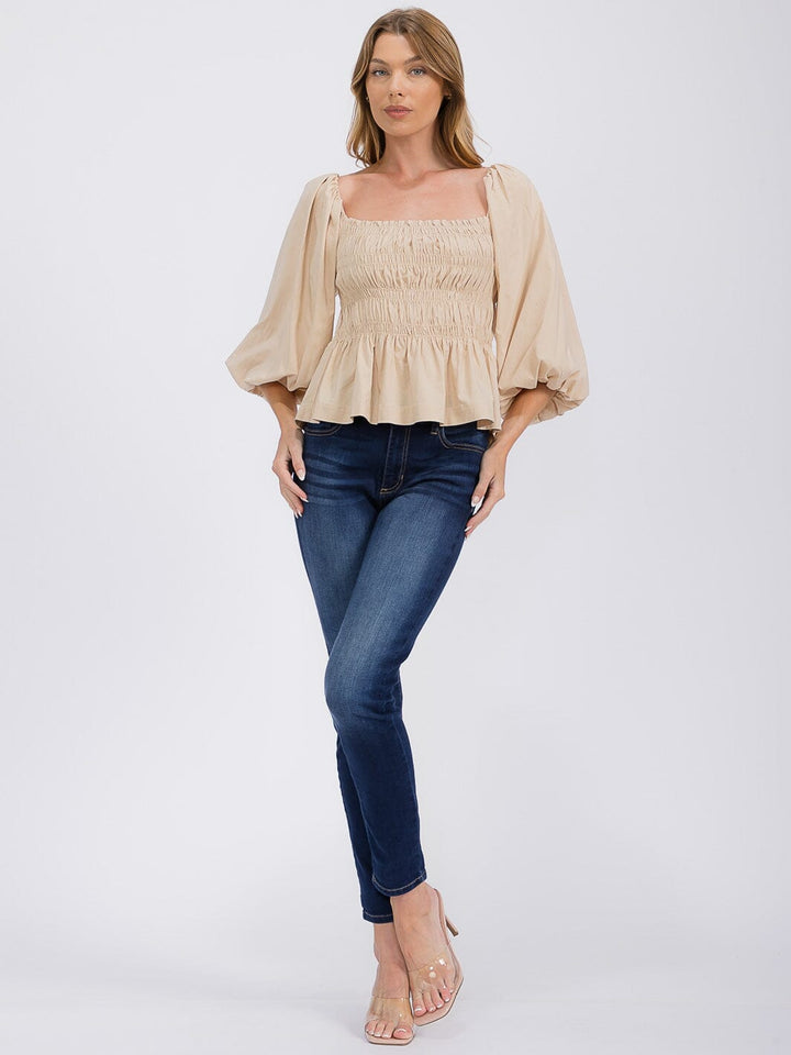 WOMEN'S 3/4 SLEEVES SQUARE NECK SMOCK PEPLUM BLOUSE