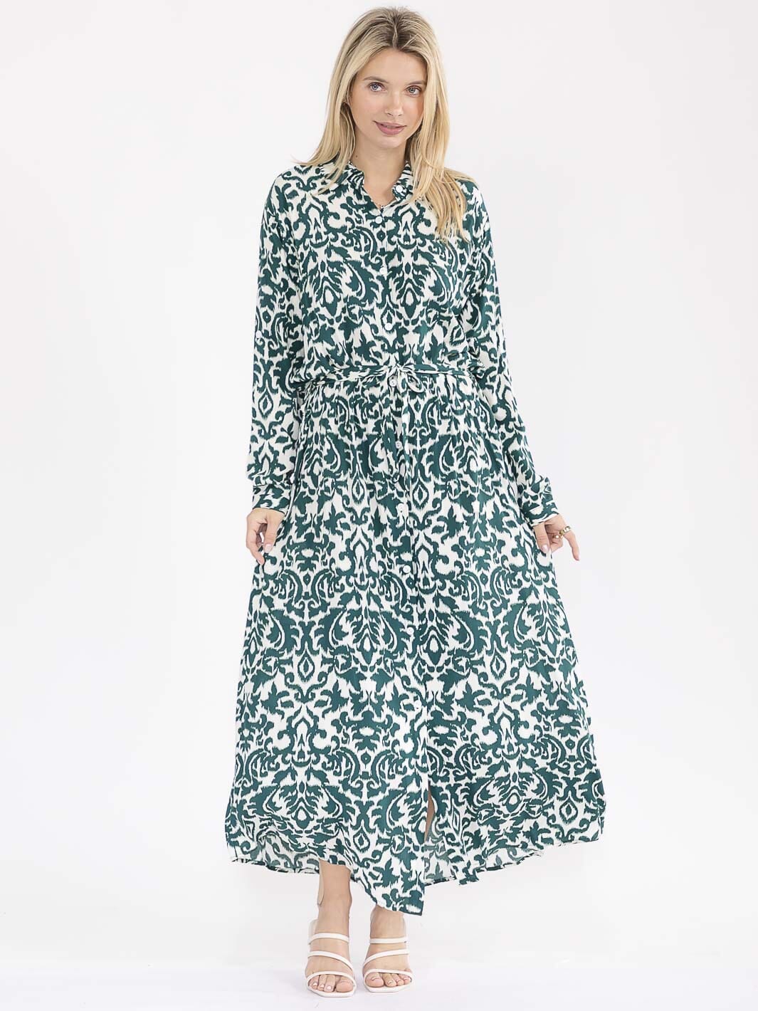 WOMEN'S LONG SLEEVE BUTTON UP SELF TIE MULTI PRINT MAXI DRESS