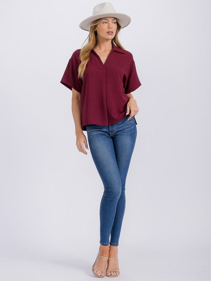 WOMEN'S SHORT SLEEVE V-NECK HIGH-LOW BLOUSE