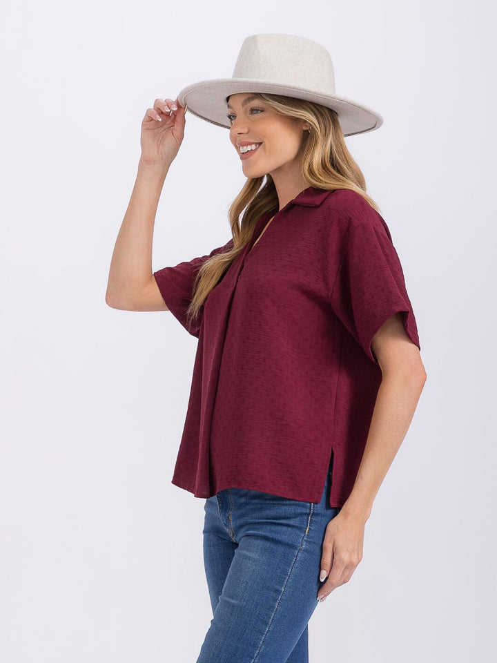 WOMEN'S SHORT SLEEVE V-NECK HIGH-LOW BLOUSE