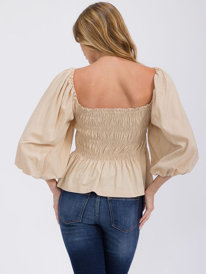 WOMEN'S 3/4 SLEEVES SQUARE NECK SMOCK PEPLUM BLOUSE