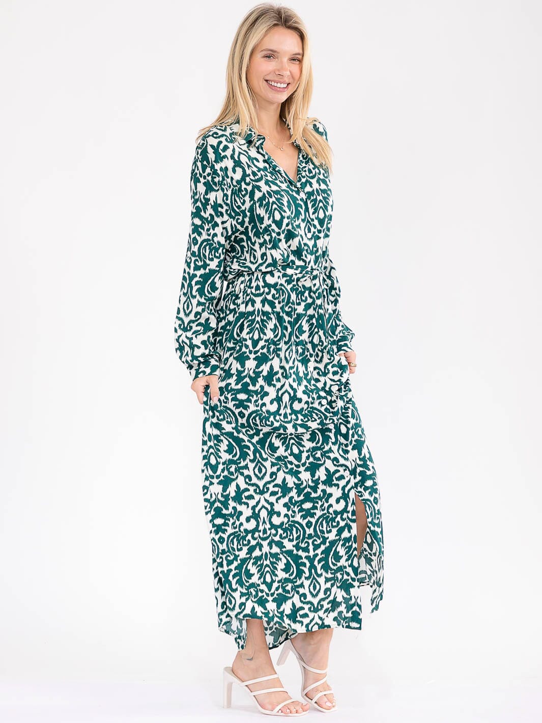 WOMEN'S LONG SLEEVE BUTTON UP SELF TIE MULTI PRINT MAXI DRESS