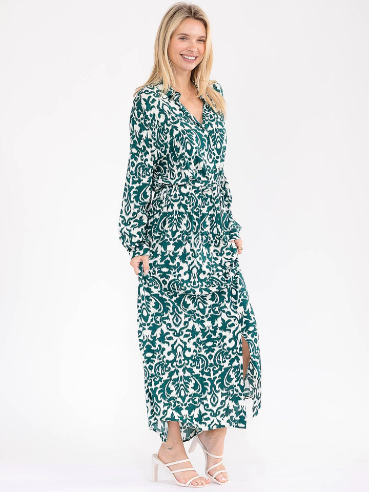 WOMEN'S LONG SLEEVE BUTTON UP SELF TIE MULTI PRINT MAXI DRESS