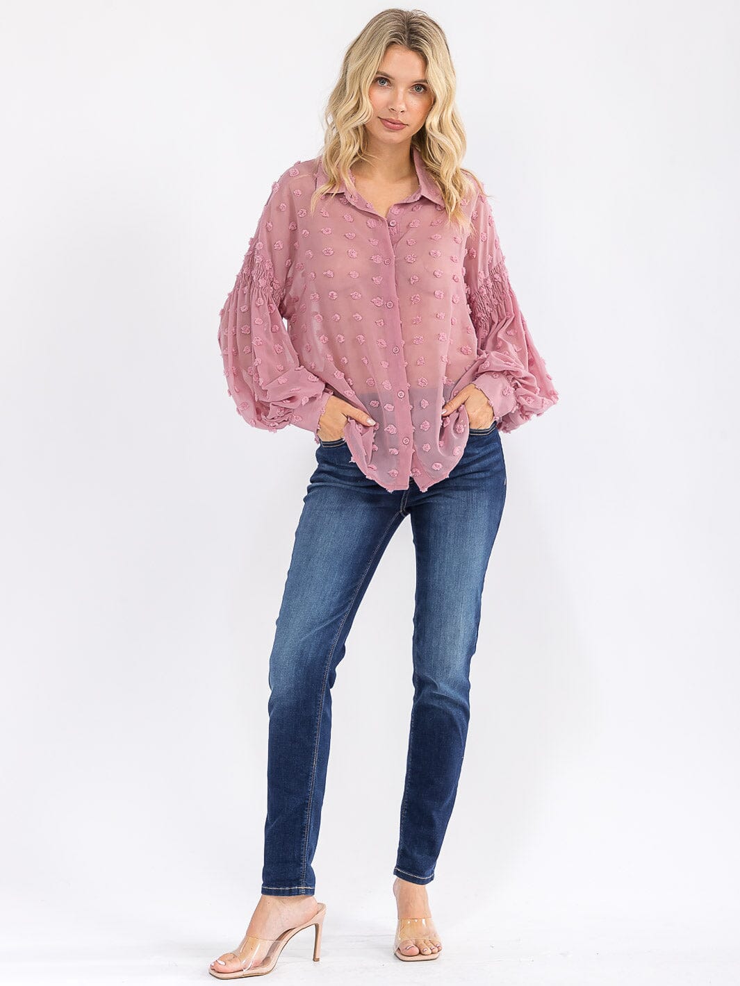 WOMEN'S LONG SLEEVE BUTTON UP SWISS DOTS DETAILED BLOUSE