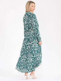 WOMEN'S LONG SLEEVE BUTTON UP SELF TIE MULTI PRINT MAXI DRESS