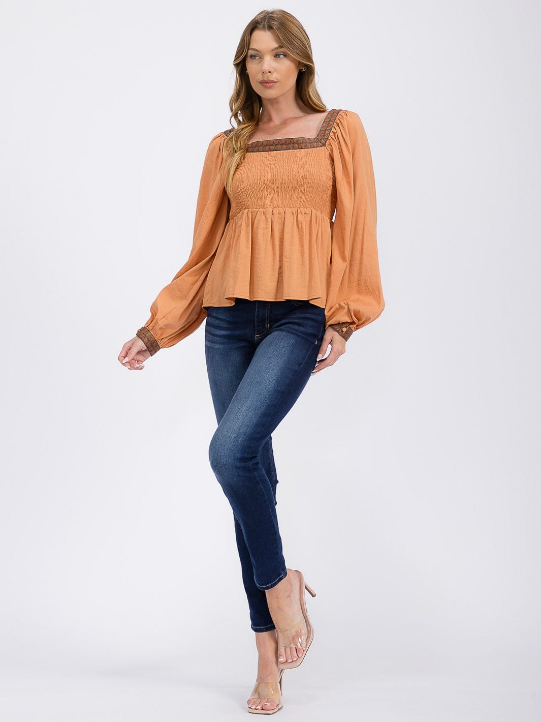 WOMEN'S LONG SLEEVES SQUARE NECK TRIM DETAILED SMOCK PEPLUM BLOUSE