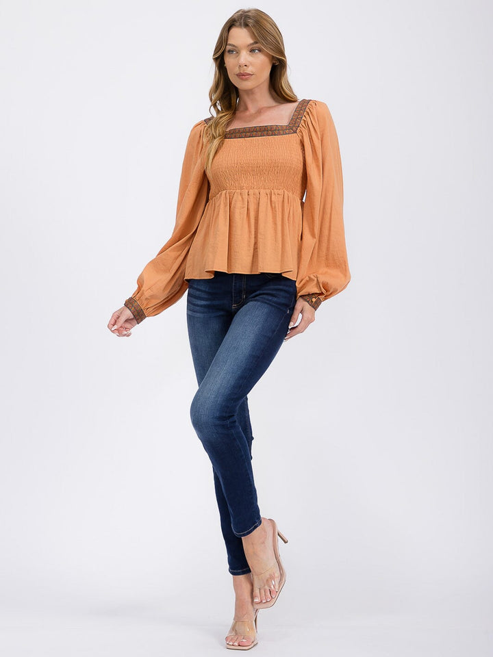 WOMEN'S LONG SLEEVES SQUARE NECK TRIM DETAILED SMOCK PEPLUM BLOUSE