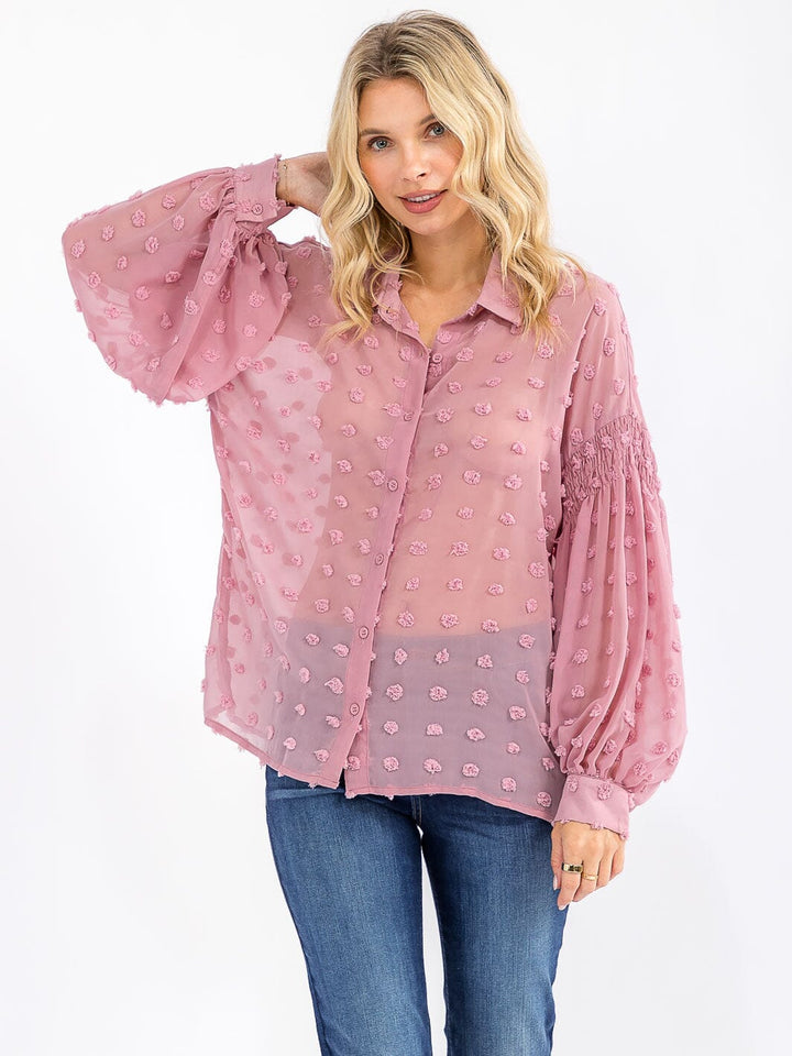 WOMEN'S LONG SLEEVE BUTTON UP SWISS DOTS DETAILED BLOUSE