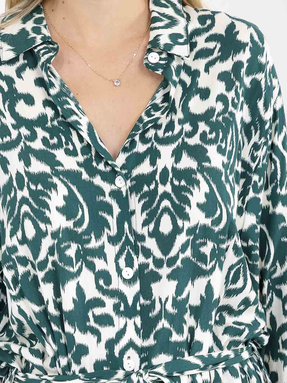 WOMEN'S LONG SLEEVE BUTTON UP SELF TIE MULTI PRINT MAXI DRESS