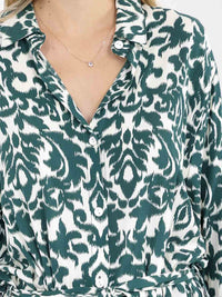 WOMEN'S LONG SLEEVE BUTTON UP SELF TIE MULTI PRINT MAXI DRESS