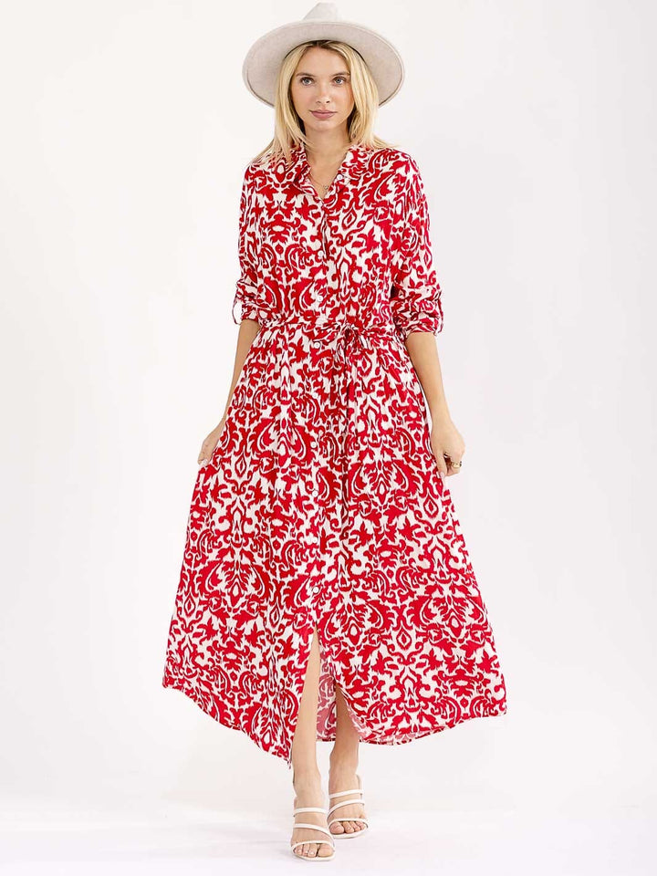 WOMEN'S LONG SLEEVE BUTTON UP SELF TIE MULTI PRINT MAXI DRESS