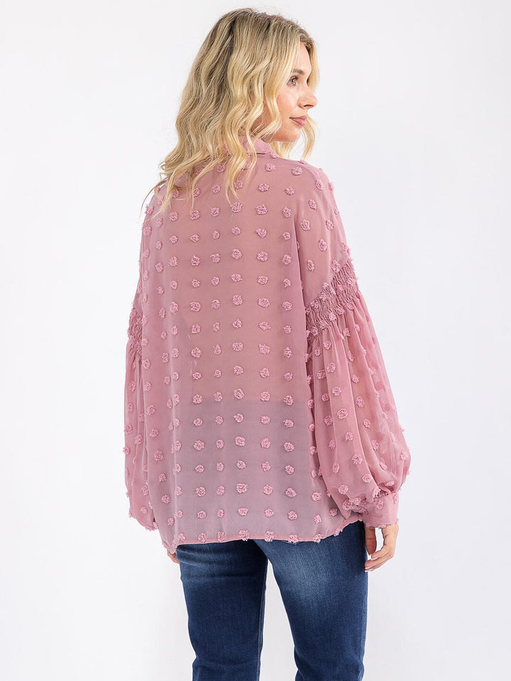 WOMEN'S LONG SLEEVE BUTTON UP SWISS DOTS DETAILED BLOUSE