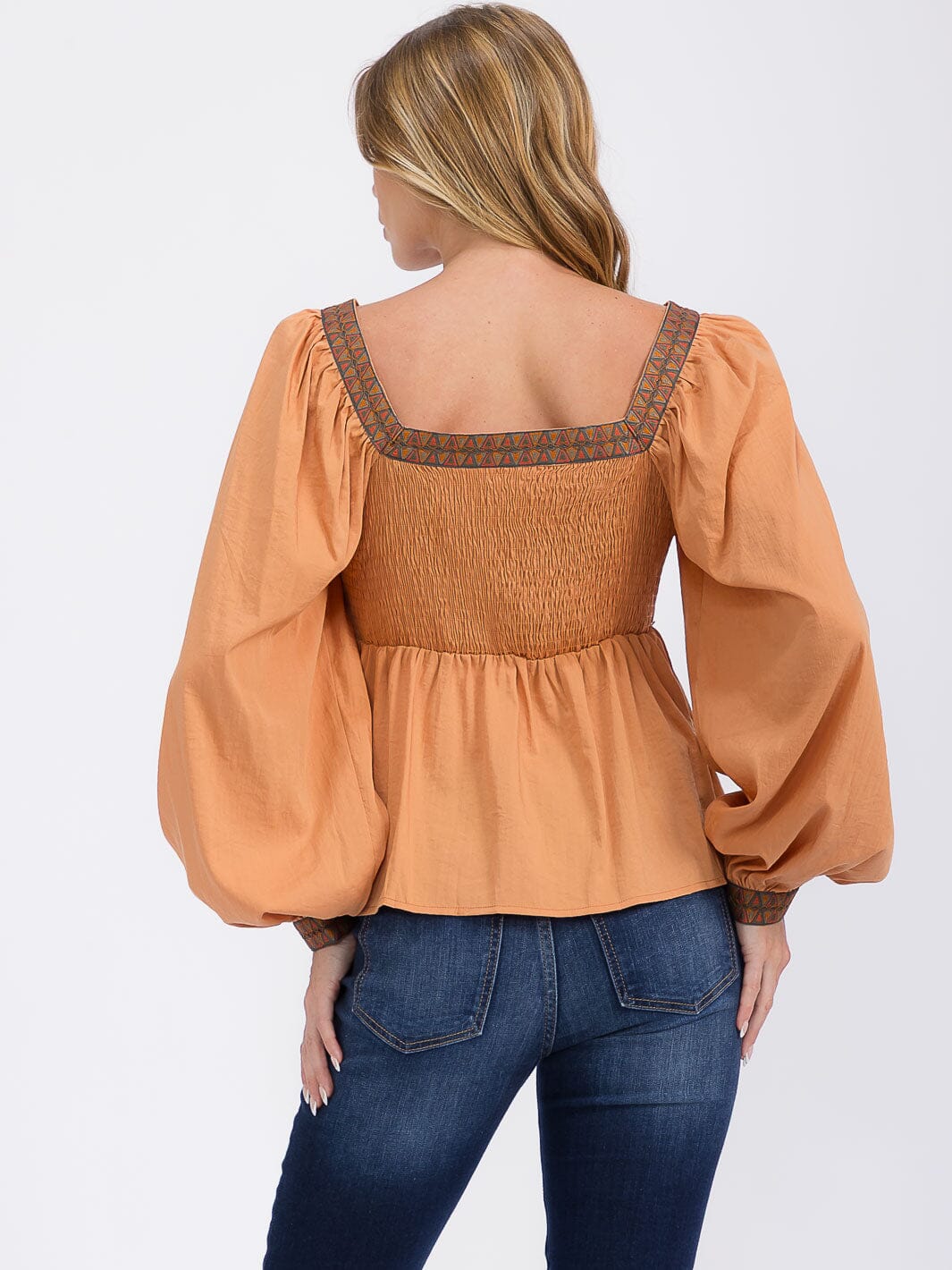 WOMEN'S LONG SLEEVES SQUARE NECK TRIM DETAILED SMOCK PEPLUM BLOUSE