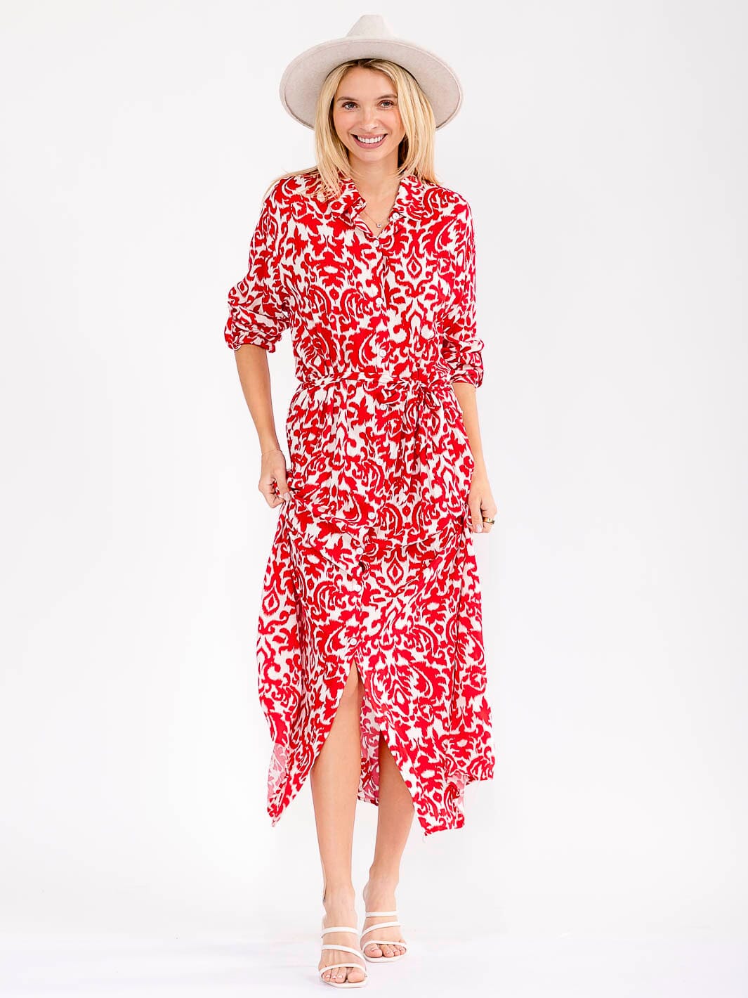 WOMEN'S LONG SLEEVE BUTTON UP SELF TIE MULTI PRINT MAXI DRESS